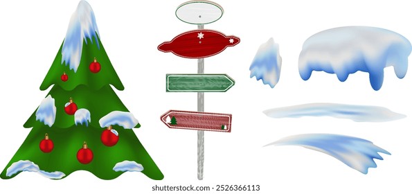 Christmas vector set elements Red 3d realistic Decorated Christmas tree road sign Pine tree Xmas isolated Snow caps Holiday design decoration New year colection Winter element Decor