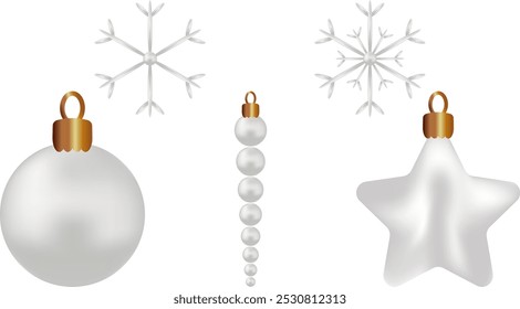 Christmas vector set elements white 3d realistic christmas ornaments Silver ball star beads snowflakes Xmas isolated toys Holiday design decoration New year colection Winter element Decor