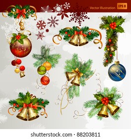  Christmas vector set of fir tree and evening balls, new year’s  bells and festive bells