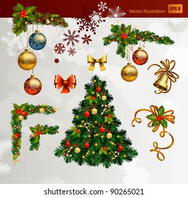 Christmas vector set of fir tree and evening balls,  new year’s  corners  and festive bell