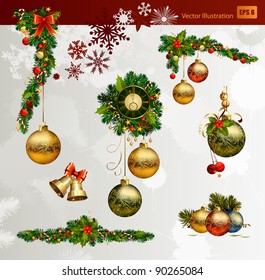 Christmas vector set of fir tree and evening balls, new year’s  clock and festive bells