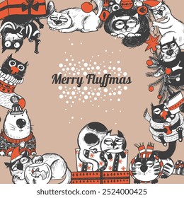 Christmas vector set of funny cats, featuring humorous designs with cats in festive outfits engaging in playful holiday activities, perfect for seasonal projects and decorations