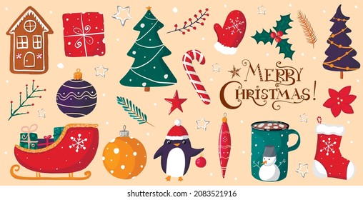 Christmas vector set with gingerbread,Christmas tree, penguin,
gift box, Christmas decorations, cup with cocoa, holly, santas sledge,stars. Illustration for banners, posters, card, menu. 2026 new year