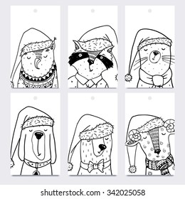 Christmas vector set of hand drawn tags with funny linear animals