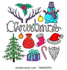 Christmas vector set. Hand drawn vector object isolated set. Happy new year. Holiday illustration Xmas. Doodle style Christmas. Merry Christmas. Print, design, wallpaper, textile, paper, decor. Eps10
