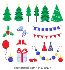 Christmas vector set, holiday tree, ball, gift box, holly, flag cartoon illustration isolated on white background, decorative winter element for design greeting card, invitation, scrapbook, sticker