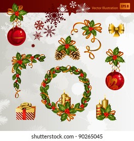 Juego de vectores navideños de hollín, quemando velas y bolas nocturnas