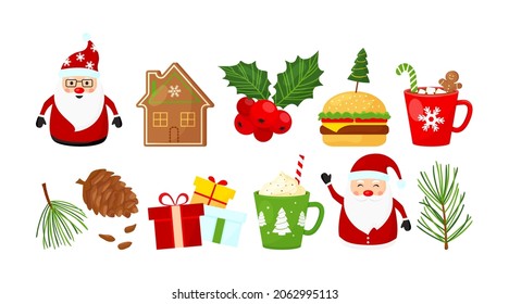 Christmas vector set icon, New Year element collection isolated on white background. Winter holiday decoration