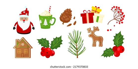 Christmas vector set icon, New Year element collection isolated on white background. Winter holiday decoration