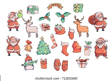 Christmas vector set. Vector illustration. Sketch with christmas tree, bell, presents, deer, mittens. 