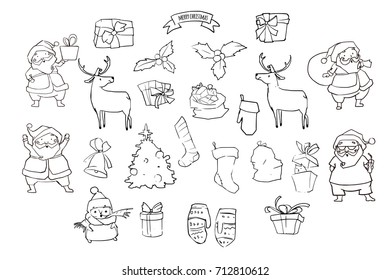 Christmas vector set. Vector illustration. Sketch with Santa Claus  christmas tree, bell, presents, deer, mittens. 