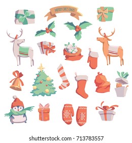 Christmas vector set. Vector illustration. Sketch with christmas tree, bell, presents, deer, mittens. 