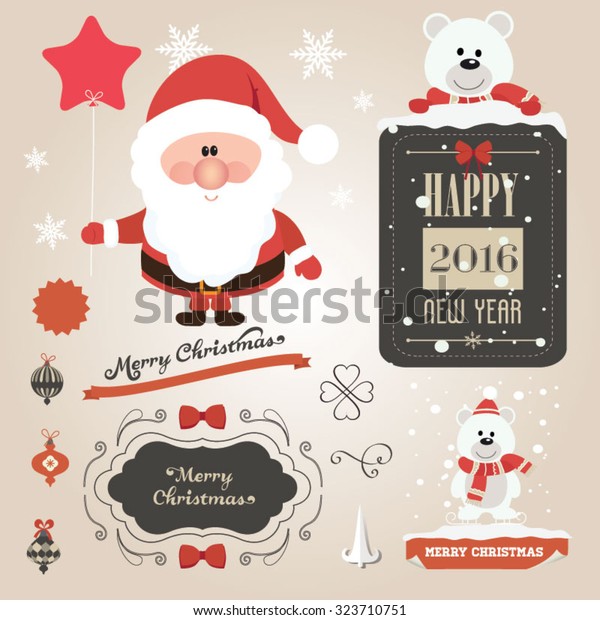 Christmas vector set - labels,\
emblems and other decorative elements. Cute Santa Claus and\
friends
