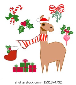 Christmas vector set llama in Santa hat and scarf gift boxes candy sticks Holly berries mistletoe decorations isolated on white