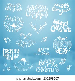 Christmas vector set. Merry Christmas and Happy New Year lettering. Various decorative elements.
