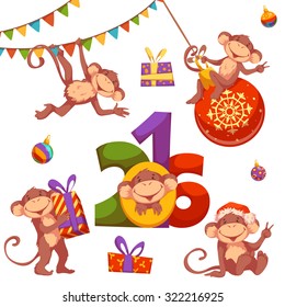 Christmas vector set with monkey for 2016 New Year.