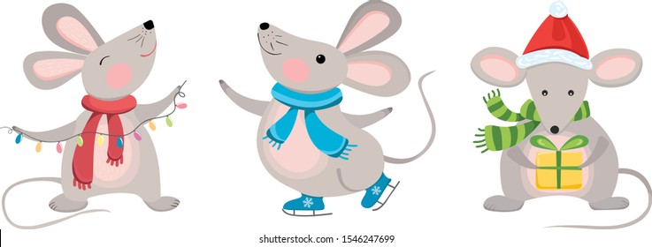 Christmas vector set with the mouse. Ice skating mouse, mouse with 
Christmas lights, mouse with yellow gift.