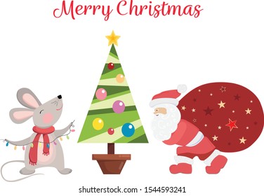 Christmas vector set with the mouse, santa claus, сhrismas tree.