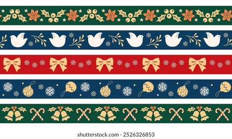 Christmas vector set of narrow seamless border patterns with holly berry, dove, bells, candy cane, bows and snowflakes.