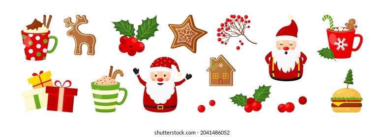 Christmas vector set, New Year decoration element collection isolated on white background. Winter holiday decoration