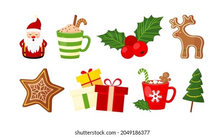 Christmas vector set, New Year decoration element collection isolated on white background. Winter holiday decoration