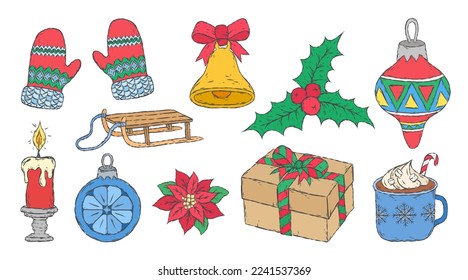 Christmas vector set. New Year holiday sketch collection. Christmas tree glass balls. Christmas present, bells, candle, mittens, wooden sled. Hot chocolate cup with candy canes. Holly plant. 