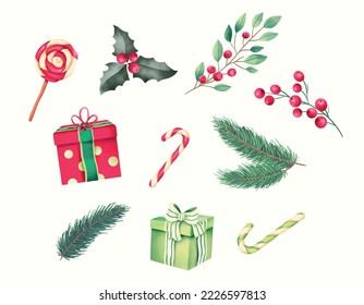 Christmas vector set, Christmas ornaments collection, Green pine and gift box vector, Christmas design elements