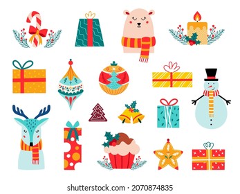 Christmas vector set of presents and reindeer, bear, snowman. New year elements. Cute illustrations for kids. Isolated on white background. Xmas decoration. 