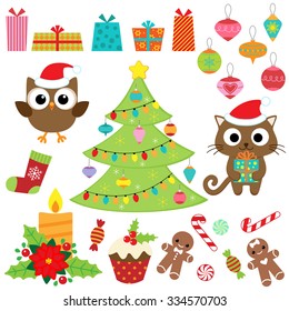 Christmas vector set with presents, sweets, tree, ornaments, owl and cat in costumes