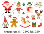 Christmas vector set with Santa Claus, elf, snowman, gift, snowflake, horse, garland