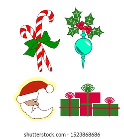 Christmas vector set Santa Claus in red hat gift boxes and festive decorations holly berries isolated illustration