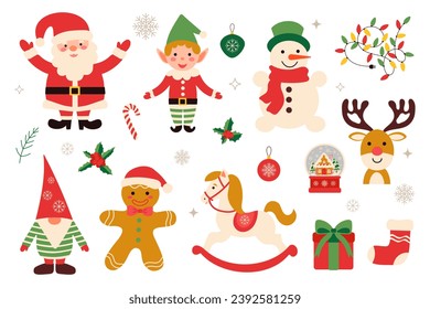 Christmas vector set with Santa Claus, elf, snowman, gift, snowflake, horse, garland