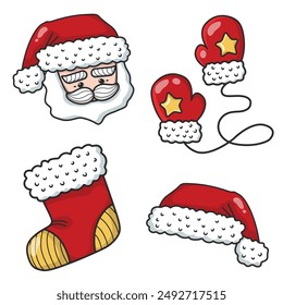 Christmas vector set - Santa Claus, mittens, stocking, hat, Christmas and New Year bright icons