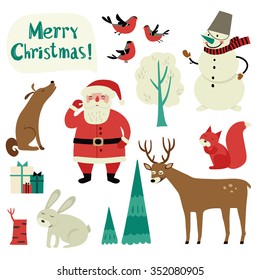 Christmas vector set with with  santa claus, snowman, squirrel, fir-tree, bullfinch, deer, stump, gifts, dog, tree, birds