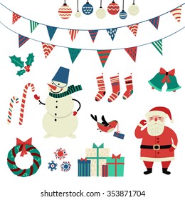 Christmas vector set with santa claus, snowman, gifts, gifts, bird, wreath, 	
garland, christmas socks, bells, snowflake, baubles balls, candis