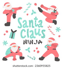 Conjunto vectorial de Navidad de Santa Clauses en poses de ninja, latas de caramelos y cajas de regalo