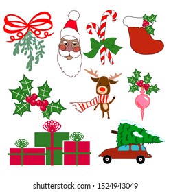 Christmas vector set Santa mistletoe ribbon bow Holly berries candy sticks red green gift boxes stocking isolated winter holidays illustrations