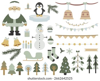 Vector de Navidades de estilo escandinavo con Elementos festivos, pingüinos y Papá Noel