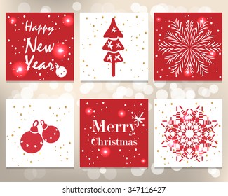 Christmas vector set, shiny design, graphic elements, holiday greeting cards, labels, tree, balls,snowflakes in red white glow colors