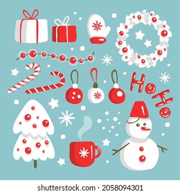 Christmas vector set. Snowman, gift boxes, Christmas tree, and other hoday elements. Cute winter illustrations.