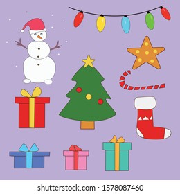 Christmas vector set with snowman, gifts, gifts, garland, christmas socks, snowflake, christmas tree. FLat design
