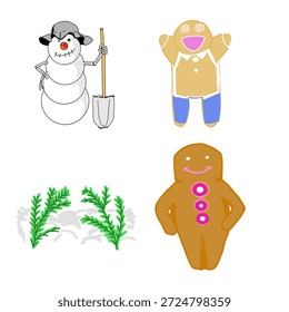 Christmas Vector Set with Snowman, Pine Leaves and Gingerbread Cookie Man