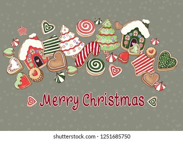 Christmas vector set of sweets. Gingerbread colorful vector illustration. Holiday background.