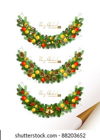 Christmas vector set of three garland with fir tree , evening balls and new year’s  bells