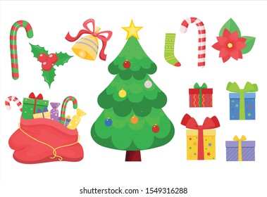 Christmas vector set. Christmas tree and bag with gifts.Cartoon style