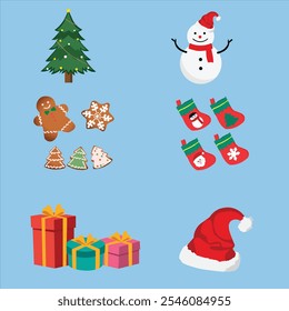 a christmas vector set with christmas tree, snowman, gingerbread cookies, gifts, christmas stockings and santa hat