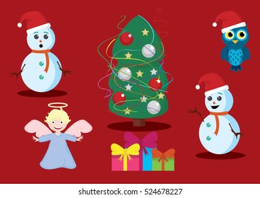 Christmas vector set
Christmas tree,gifts,  snowmen, angel and cute owl