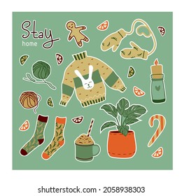 Christmas vector set. Warm and cozy icons. Illustration with cute things and objects for home interior, cacao, socks, treads, candles, monstera, hat, gingerbread man, sweater. Happy New Year.