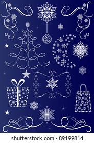 Christmas vector shapes set isolated on dark blue background.