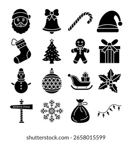 Conjunto de iconos de silueta de Vector Navidades. Iconos blancos y negros para la temporada festiva, Festiva, invierno y celebración de Navidad